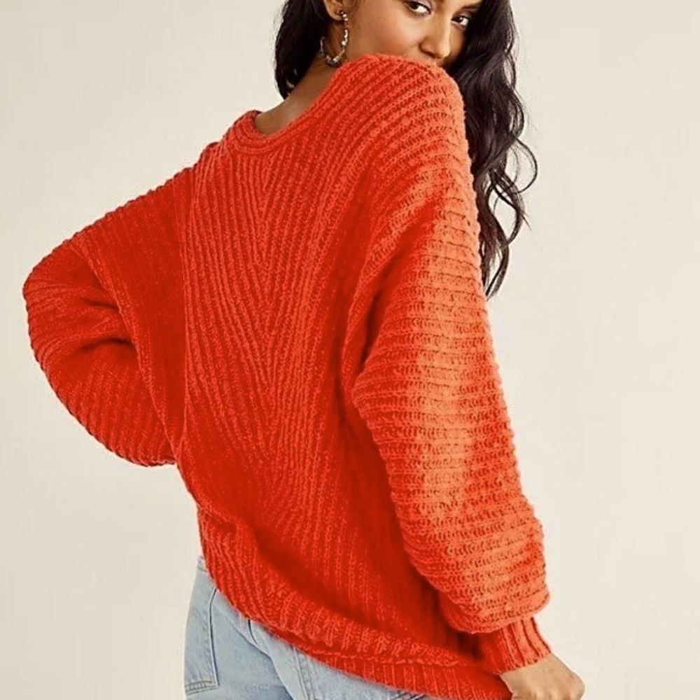 Free People Sunset Oversized Orange V-Neck Knit Pullover Sweater